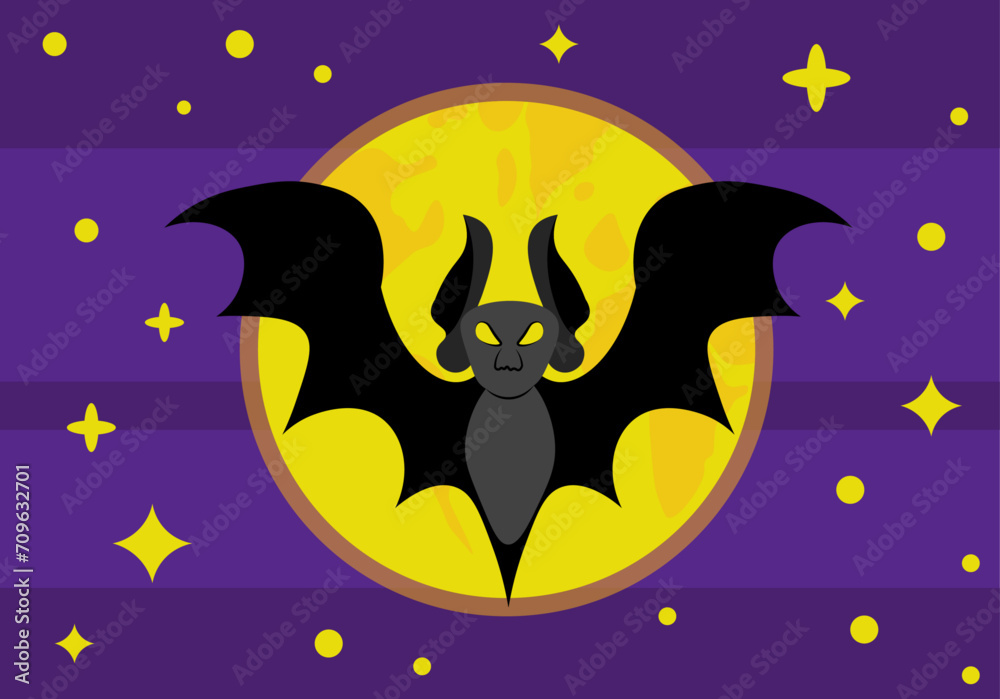 Full moon and flying bat halloween vector illustration