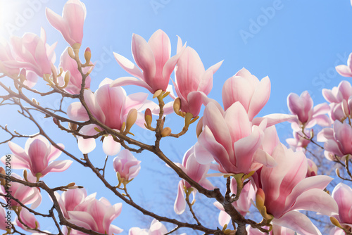Magnolia blossoms against a blue sky  in the style of light pink and violet  backlight  wimmelbilder  selective focus  large canvas format  