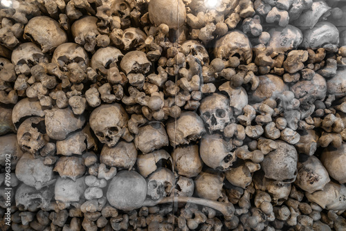 Skulls on display in the Ossuary in Kranj city, Slovenia. photo