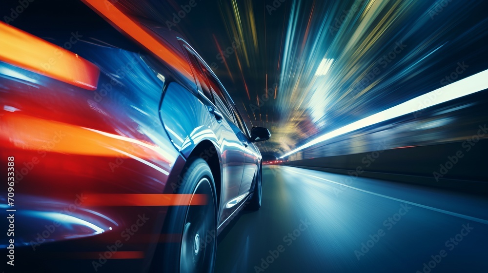 Blurred bokeh effect of car driving through tunnel with mesmerizing background lights