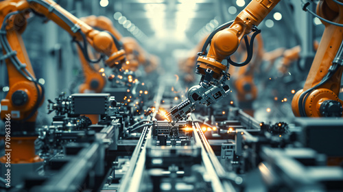 A complex assembly line in a futuristic factory showcasing advanced robotic arms efficiently assembling small electronic devices.