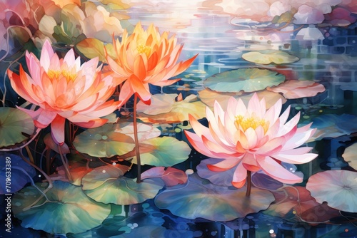 a painting of two pink water lilies in a pond with lily pads and water lilies in the foreground.