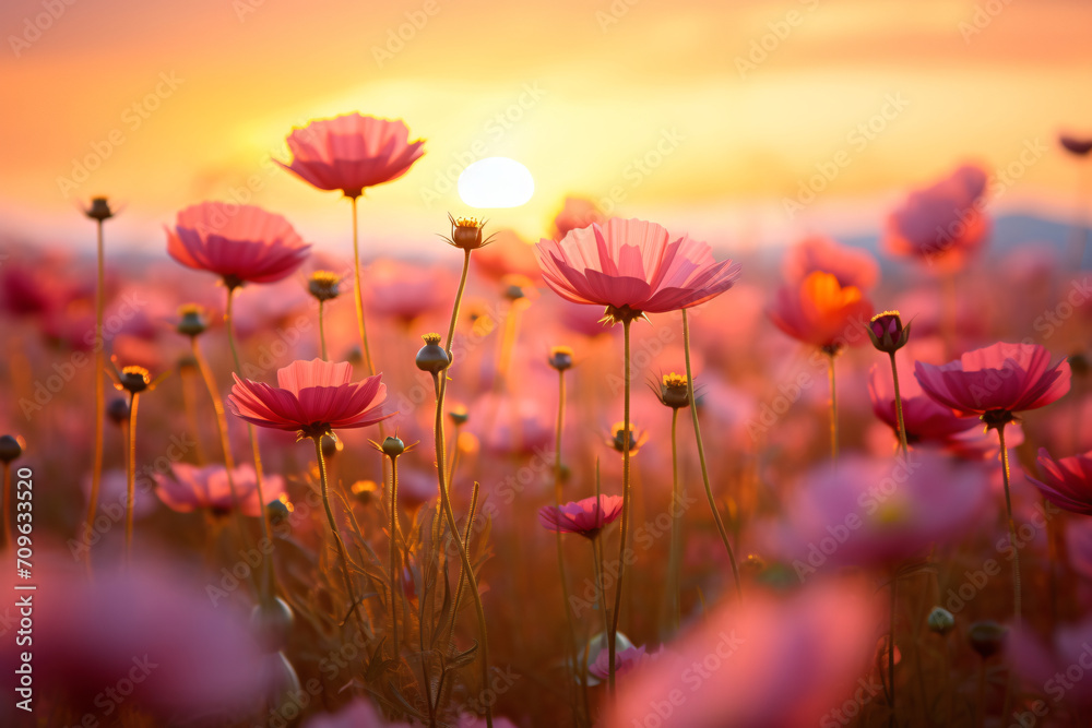 Colorful flowers in summer horizon by azmalim rezi, in the style of soft focus romanticism, light orange and magenta, samyang 14mm f/2.8 if ed umc aspherical, shaped canvas, light brown and yellow, cu