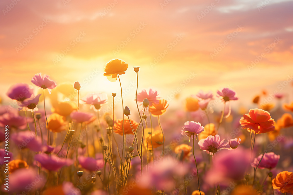 Fototapeta premium Colorful flowers in summer horizon by azmalim rezi, in the style of soft focus romanticism, light orange and magenta, samyang 14mm f/2.8 if ed umc aspherical, shaped canvas, light brown and yellow, cu