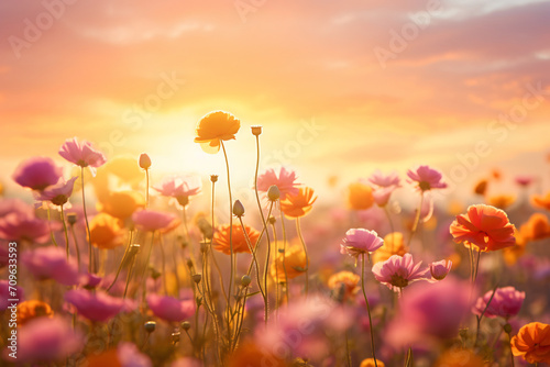 Colorful flowers in summer horizon by azmalim rezi  in the style of soft focus romanticism  light orange and magenta  samyang 14mm f 2.8 if ed umc aspherical  shaped canvas  light brown and yellow  cu