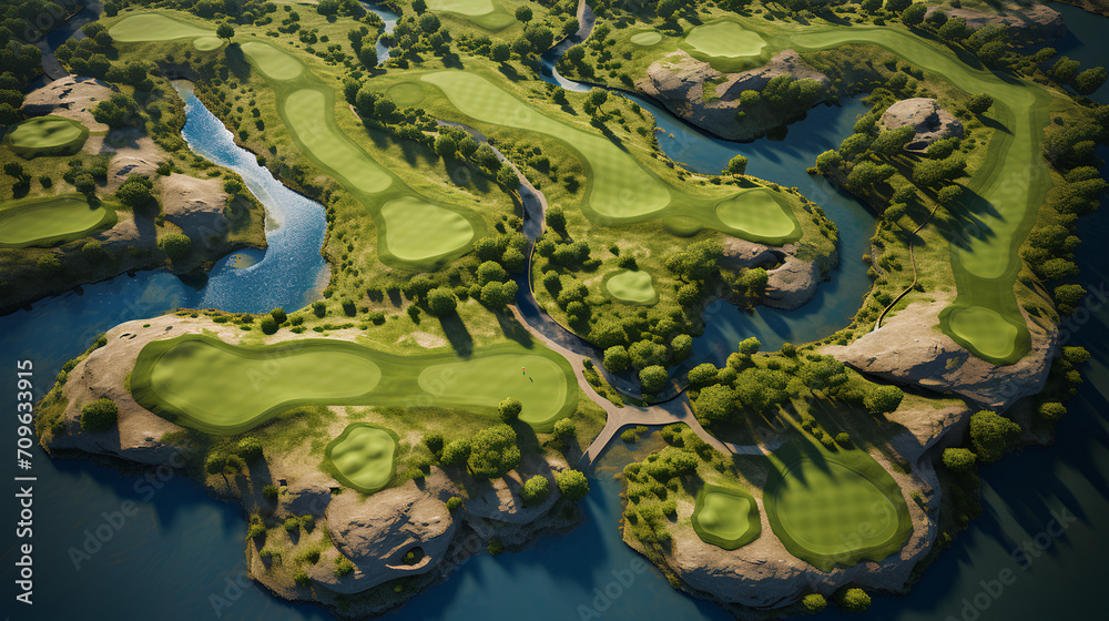 Top View Golf Courseม Golf course with trees, grass field, and sand pit. Top View Golf Courseม Golf course with trees, grass field, and sand pit.