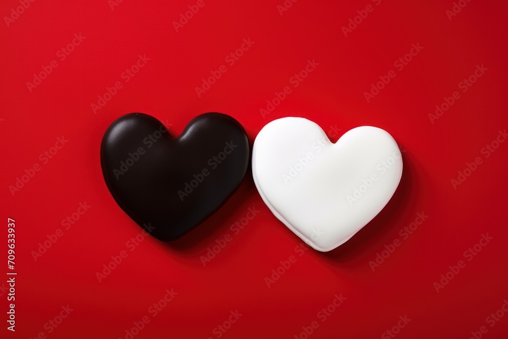  a couple of black and white hearts on a red and white background with a white heart on the left and a black heart on the right.