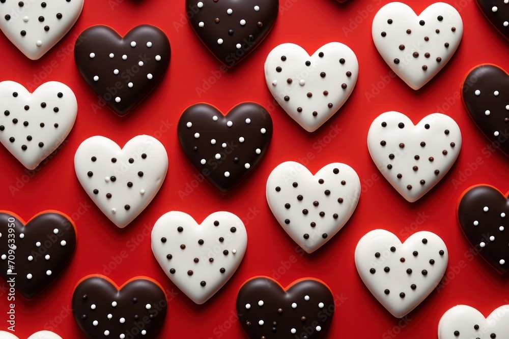  a group of heart shaped cookies sitting on top of a red surface with white and black polka dots on them.