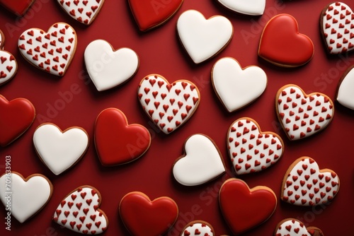  a group of heart shaped cookies sitting on top of a red counter top covered in white and red icing.