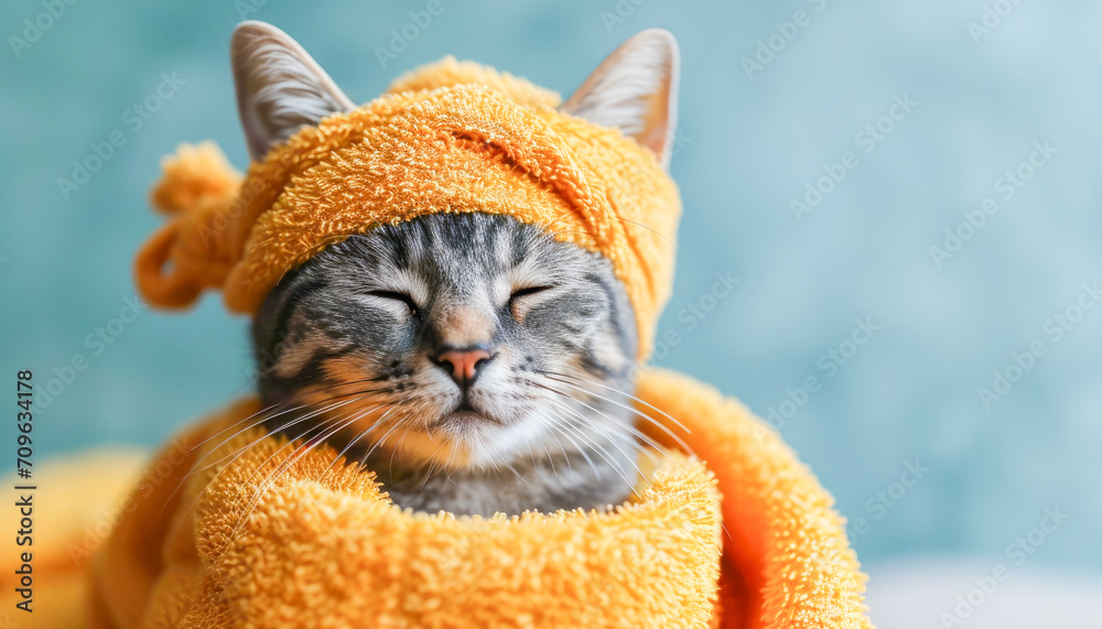 Naklejka premium Pampered cat (Felis catus), enjoying a spa day, Love Your Pet Day celebration, February, Animals concept, generative ai