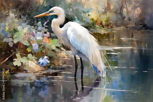  a painting of a white egret standing in a body of water with flowers in the foreground and foliage in the background.