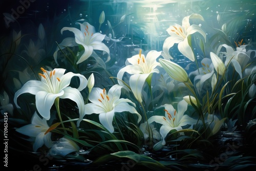  a painting of white lilies with green leaves in the foreground and a bright light shining in the background.
