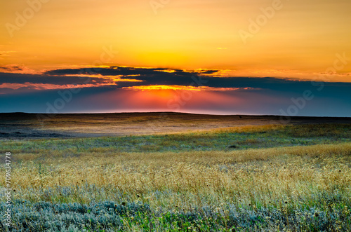 Sunset over the steppe on a summer evening.