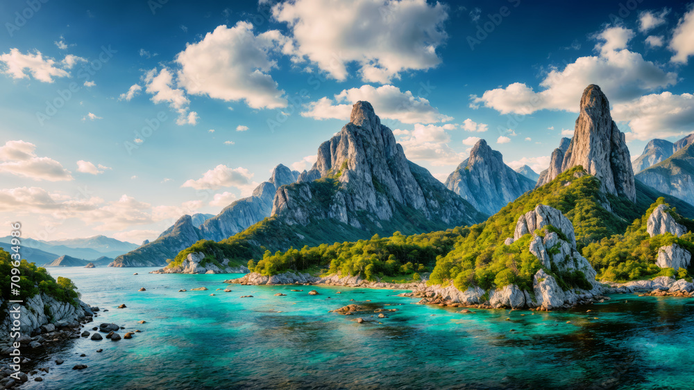 Naklejka premium Beautiful seascape with coastal cliffs. AI