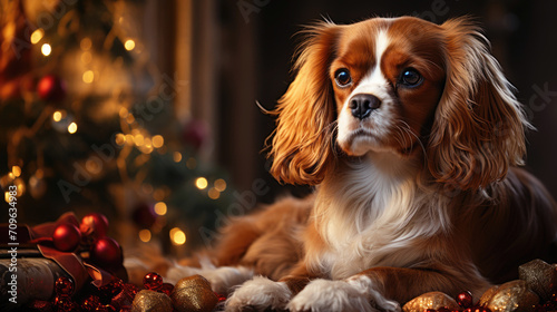 A dog Cavalier King Charles Spaniel sits elegantly beside a beautifully decorated Christmas tree. Copy space. Selective focus.