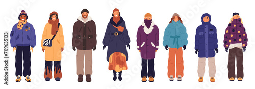 People in winter clothes. Men and women in warm casual wears. Modern garment. Relevant outfits. Trendy coats. Down jackets and boots. Standing people. Hats or scarves. Garish vector set