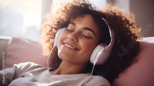 A beautiful young African American woman with curly brunette hair wearing white headphones, listening to a music through a headset, smiling and resting on the sofa. Closed eyes, enjoying the sound photo