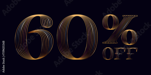 60% OFF golden lettering. Shiny number made of parallel lines on black background. Metallic percent emblem for Super Sale