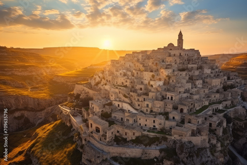 Cityscape aerial image of medieval city of Matera, Italy during beautiful sunset photo