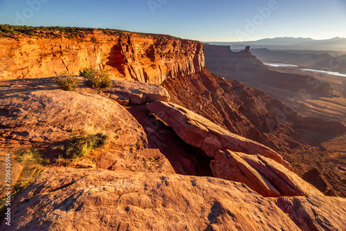 Sandstone formations in an arid canyon landscape