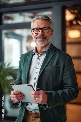 Senior smiling business man holding tablet standing in office. Middle aged businessman manager investor using tab computer, mature male executive looking at camera at work. Vertical, Generative AI