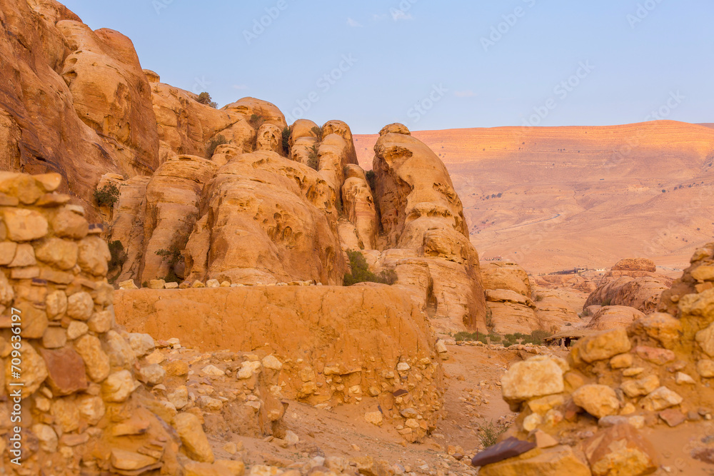 Fototapeta premium Al Beidha ruins of a prehistoric settlement in Middle East, located near Little Petra Siq al-Barid, Jordan