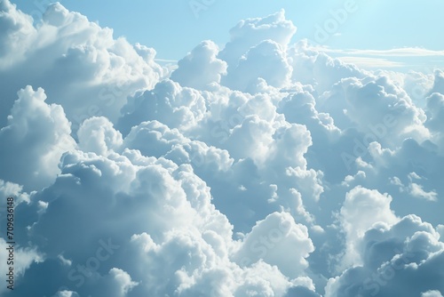 A plane is seen soaring through a sky filled with fluffy clouds. This image can be used to depict travel, aviation, or a sense of freedom