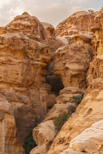Landscape with sandstone rocks in little petra archaeological site, Jordan