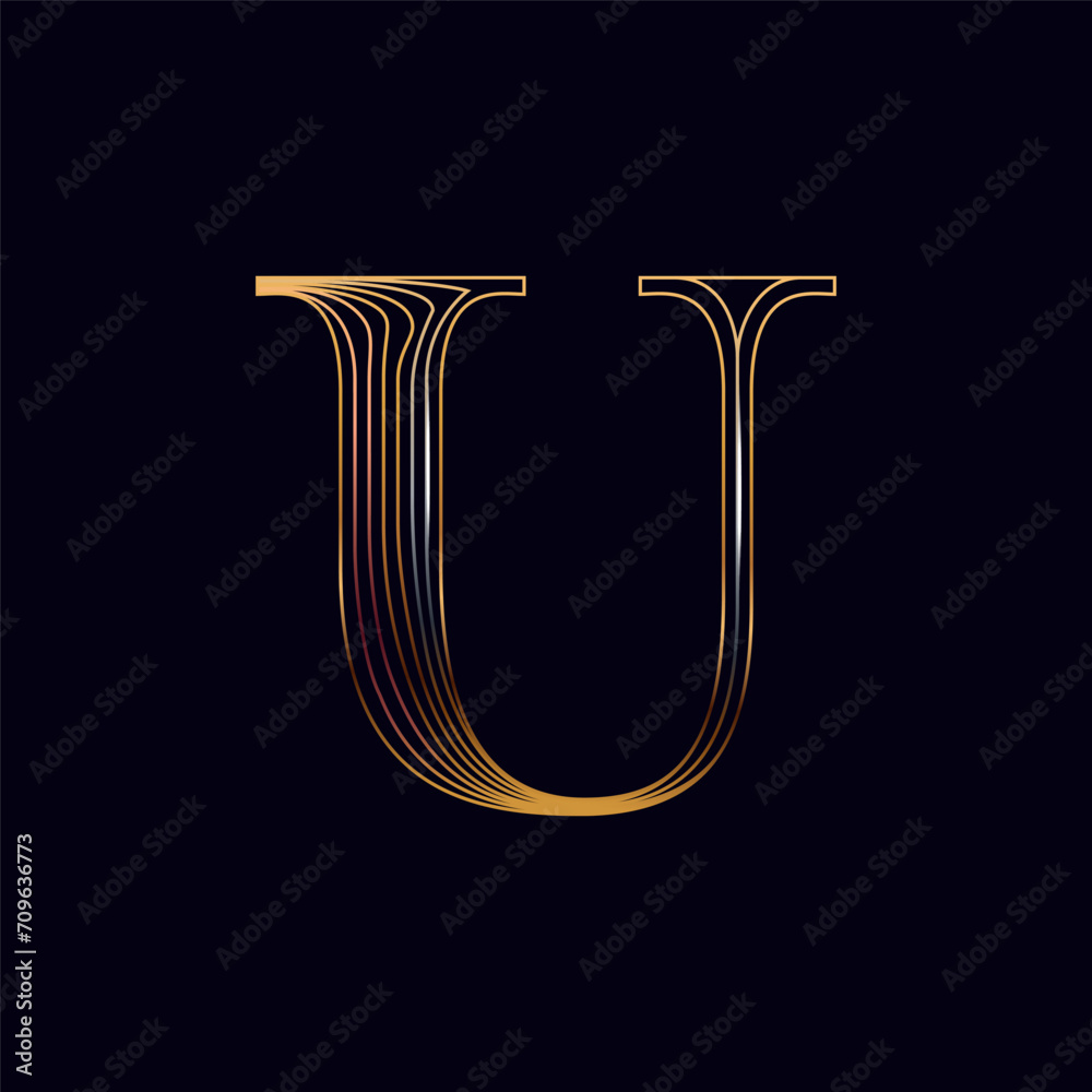 U letter golden logo. Shiny icon made of parallel lines on black background. Metallic gold, bronze, silver emblem for Super Sale. U letter golden logo. Shiny icon made of parallel lines on black background. Metallic gold, bronze, silver emblem for Super Sale.