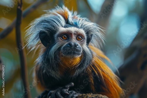 Captivating Francois' Langur monkey in its natural habitat, with striking orange and black fur. photo