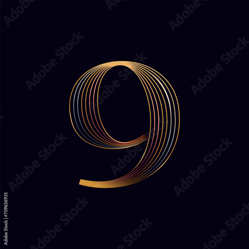 9 logo. Number nine golden sign. Shiny icon made of parallel lines on black background. Metallic gold, bronze, silver emblem for Super Sale.