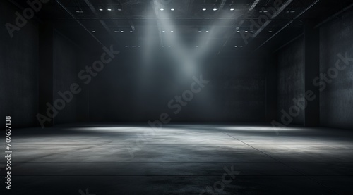 Empty stage with spotlights in the dark.