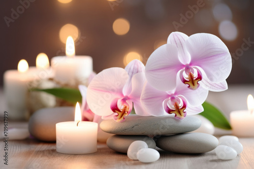 Panoramic indulging still life for harmony and balance in spa, massage, yoga or feng shui with mineral pebbles, natural orchid flowers and candles