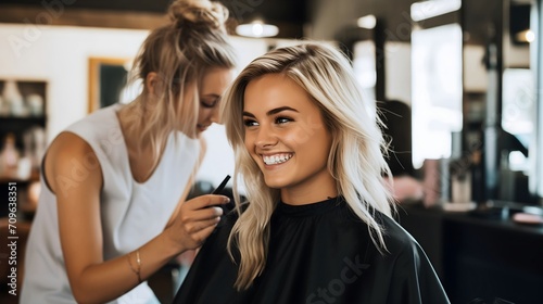 Beautiful young lady or woman with blonde hair at the hairdresser or hairstyling studio, female barber client, grooming saloon, youthful girl smiling, beautician profession treatment customer