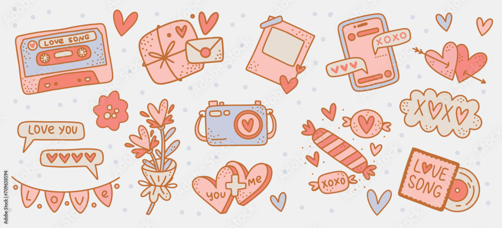 Valentine's Day Clip arts Set: Vector Collection of Love Themed Stickers. Isolated Romantic elements with Hearts, Music Tape, and Sweets for Journal Stickers, Scrapbooking, and Greeting Cards
