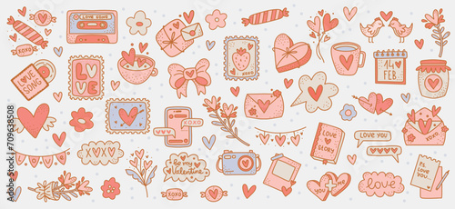 Valentine s Day Cliparts Set  Vector Collection of Love Themed Stickers. Isolated Romantic elements with Hearts  Messages  and Gift Box for Journal Stickers  Scrapbooking  and Greeting Cards