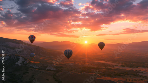 A group of hot air balloons floating at sunset with a backdrop of mountains and a radiant sky.