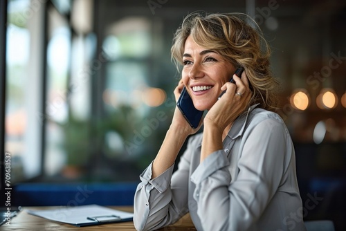 Mature mid aged business woman, cheerful 40 years old professional lady executive manager or entrepreneur talking on phone making business call on cellphone at work in office, Generative AI photo