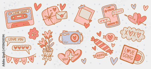 Valentine's Day Clip arts Set: Vector Collection of Love Themed Stickers. Isolated Romantic elements with Hearts, Music Tape, and Sweets for Journal Stickers, Scrapbooking, and Greeting Cards