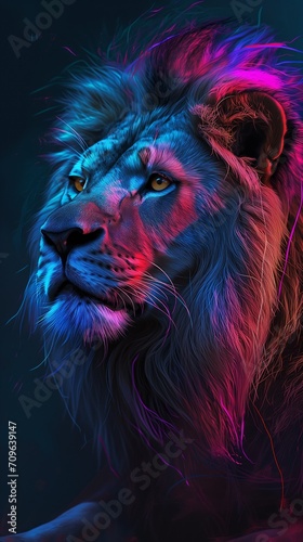 portrait of a vibrant neon lion 