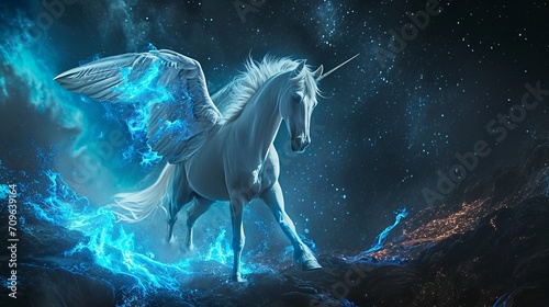 A cream stallion horse with wings, glowing blue eyes, slowly disintegrating in space after floating in space following a gigantic galatic battle leaving spaceship debris © Muhammad Hammad Zia