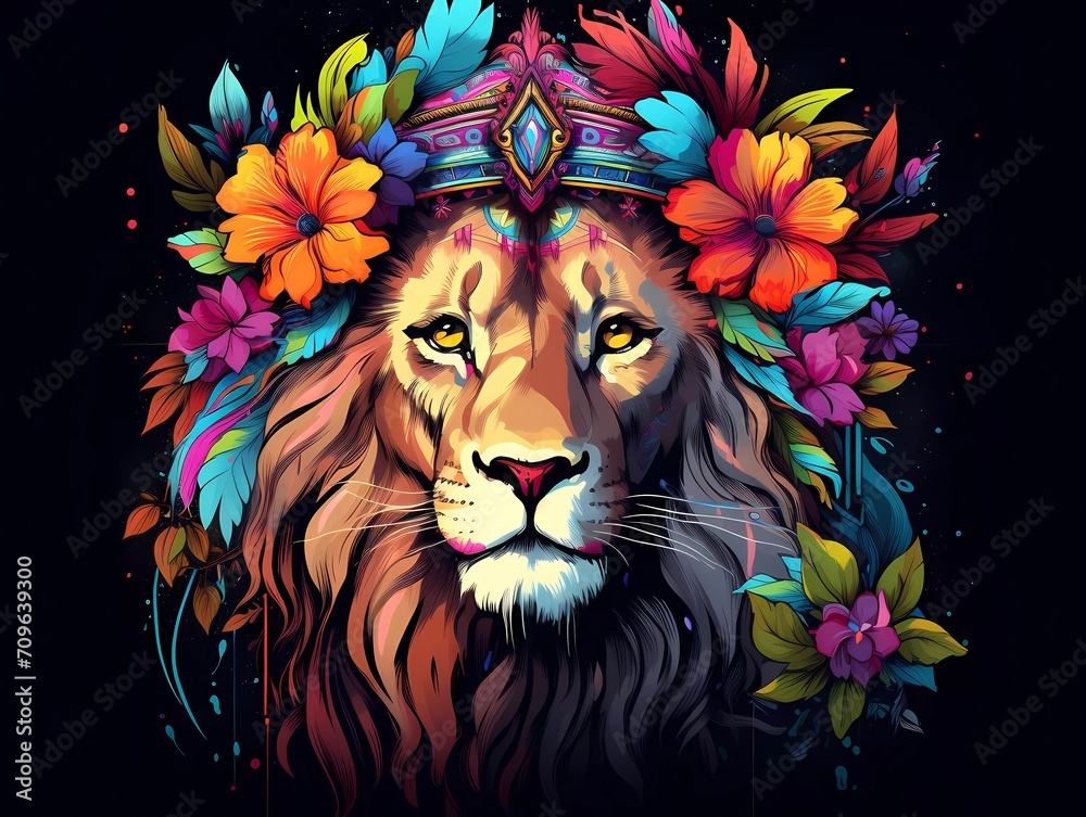 illustration of a colorful lion with a flower crown on its head. generative ai