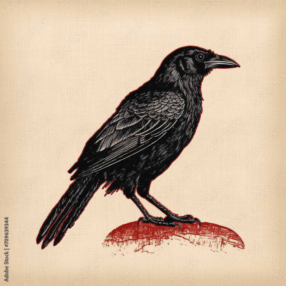 Fototapeta premium realisticfull body crow logo, hand drawn, minimalistic, on the red linen patch, white background created with Generative Ai