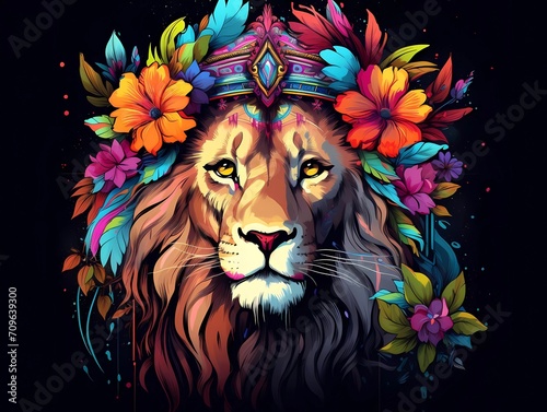 illustration of a colorful lion with a flower crown on its head. generative ai