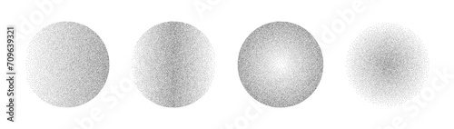 Gradient noise circles made of grains and dots. Halftone round pattern elements with gradation from dark to light. Vector isolated illustration on white background. photo