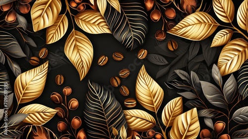 Coffee forest. Graphic pattern in vector form. Golden leaves, abstract branch. Hand drawn tropical foliage on a black background