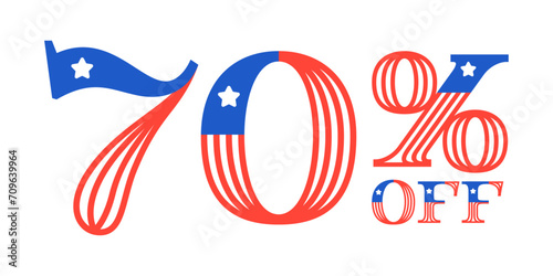 70% OFF lettering made of American flag. Serif font with Star and Stripes. Classic emblem for US history for Super Sale. 4th of July template for special price, discount offer, VIP coupon, sport store
