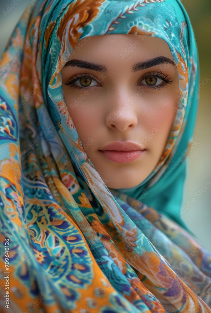 Muslim, portrait and woman wearing a traditional scarf or hijab for beauty fashion, modesty, and Islam. Confident, vibrant and beautiful shot of girl with colorful textile for awareness and hope