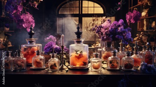 Glass bottles with various colors of perfume. Luxury perfume lab and store.