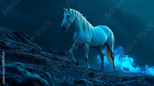 A cream stallion horse with wings, glowing blue eyes, slowly disintegrating in space after floating in space following a gigantic galatic battle leaving spaceship debris photo